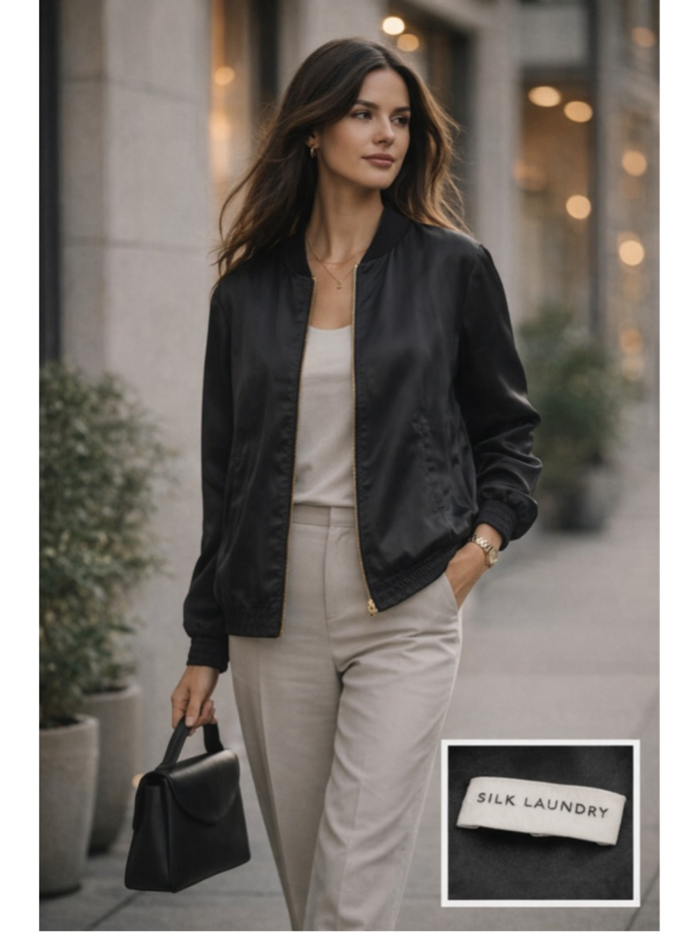 Silk Laundry Women M Jacket 100% Silk Bomber Quiet Luxury Minimalist Coat Black